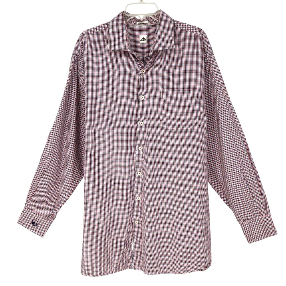 Peter Millar Shirt Mens 2XL Red White Black Plaid Cotton Pocket Embroidered